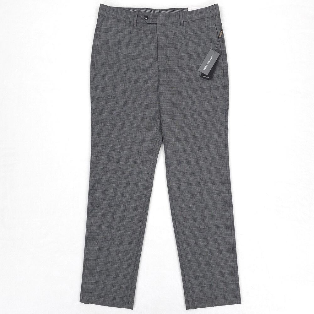 Michael Kors Mens Classic Fit Dress Pants 33x32 Light Grey Plaid Stretch NWT